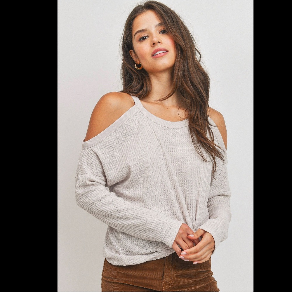 Long Sleeve Cold Shoulder Cutout Top - Light Taupe - XSmall